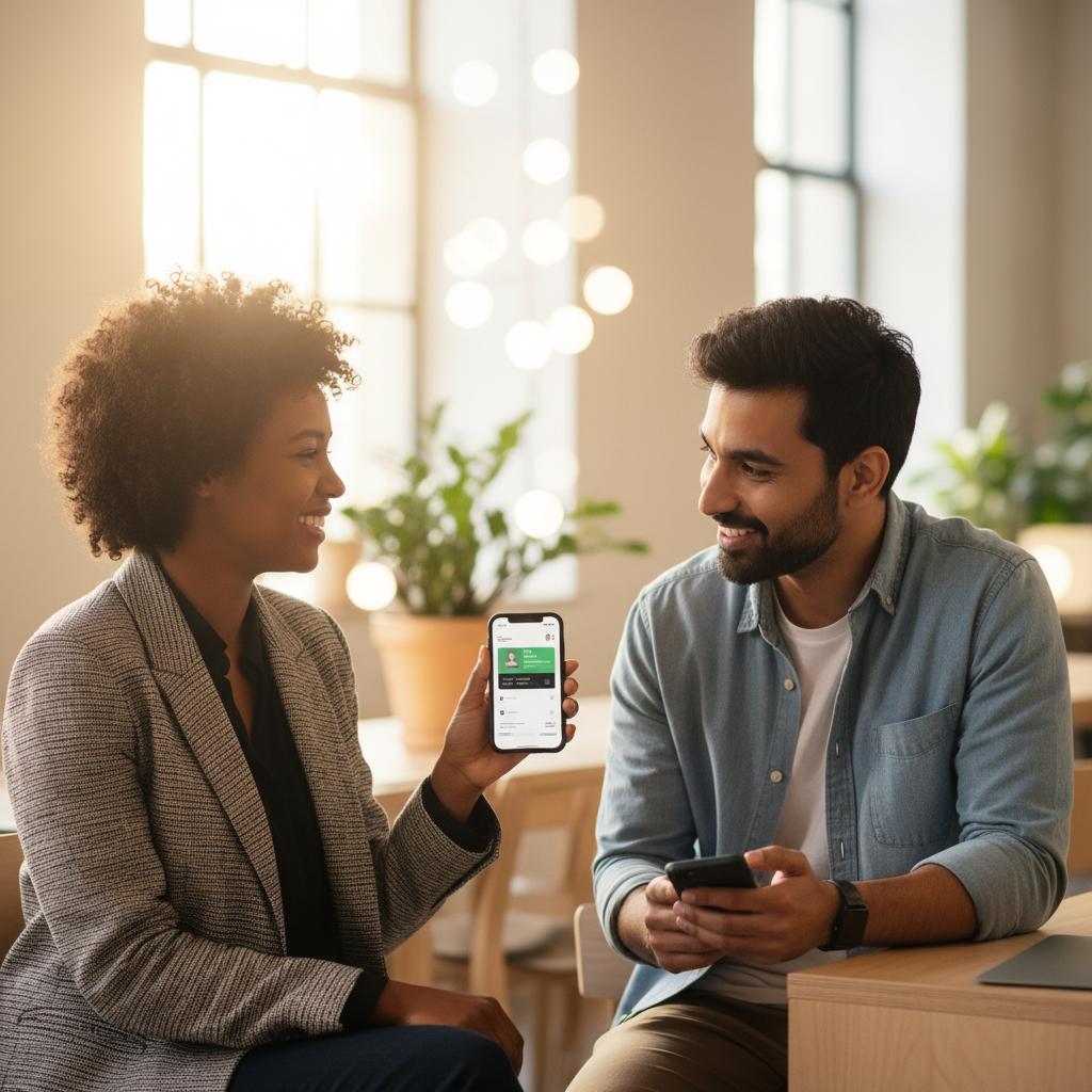 Two professionals exchanging digital business cards with Guapee